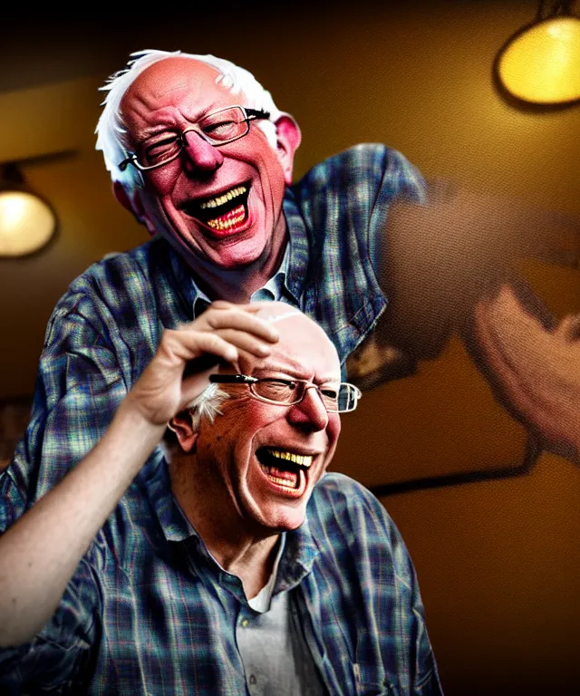 Image similar to hyperrealistic mixed media painting of Bernie Sanders as a laughing drunk, tattered plaid shirt, dimly lit dive bar, stunning 3d render inspired art by P. Craig Russell and Barry Windsor-Smith + perfect facial symmetry + dim volumetric lighting, 8k octane beautifully detailed render, post-processing, extremely hyperdetailed, intricate, epic composition, grim yet sparkling atmosphere, cinematic lighting + masterpiece, trending on artstation, very very detailed, masterpiece, stunning