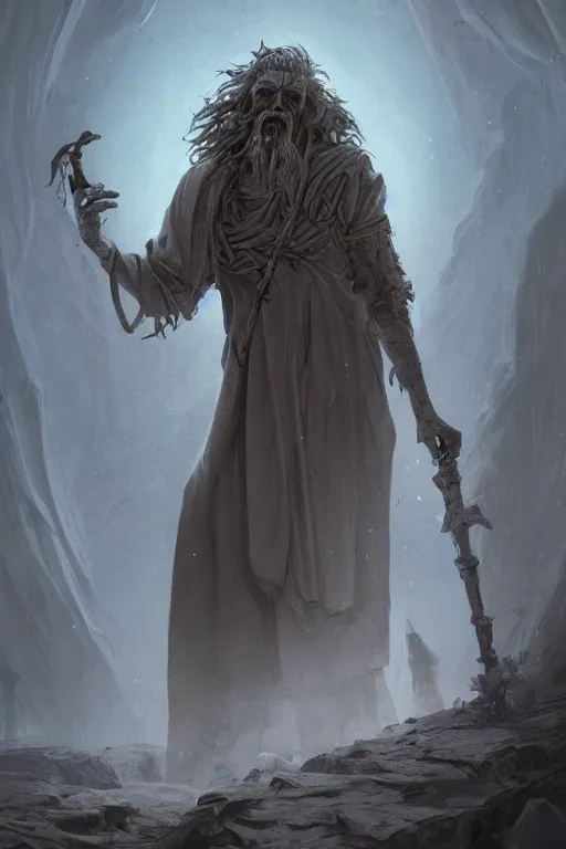 Prompt: profile view, a necromancer with a staff casts a spell that reveals the secret of life the universe and everything, dirty linen robes, staff of bones, grizzled bearded withered man by jessica rossier and hr giger