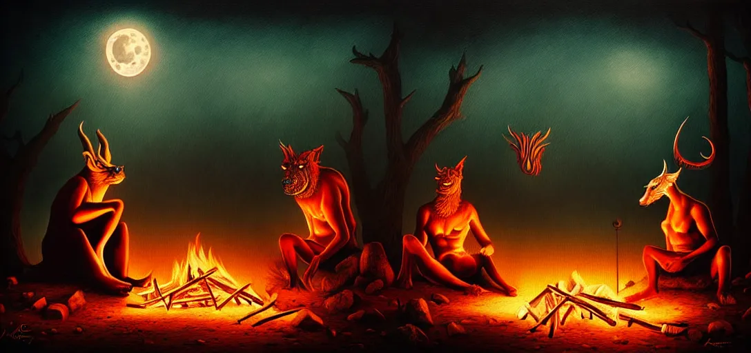 Image similar to strange mythical beasts of sitting around a fire under a full moon, surreal dark uncanny painting by ronny khalil