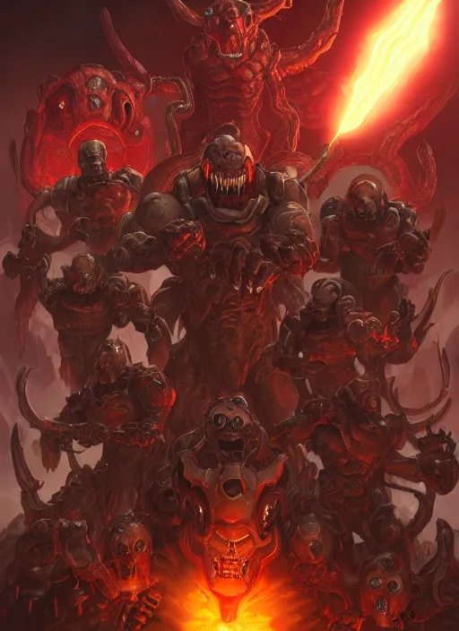 Image similar to ( doom ) cover featuring doom slayer!! surrounded by demons, cyberdemon, by kenneth scott, artstation, vivid gaze