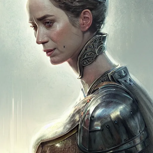 Image similar to portrait of emily blunt as a medieval knight, fantasy art by greg rutkowski