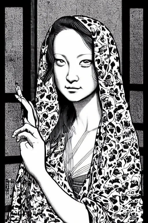 Image similar to beautiful portrait of a woman, negative no not mona lisa pose, highly detailed ink illustration of a dark alley of taipei, b & w clean shaped illustration by kim jung gi, ric estrada, ron english and eiichiro oda