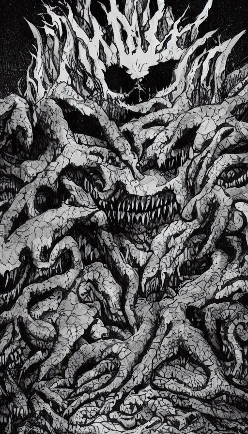 Prompt: a storm vortex made of many demonic eyes and teeth over a forest, by gainax co,