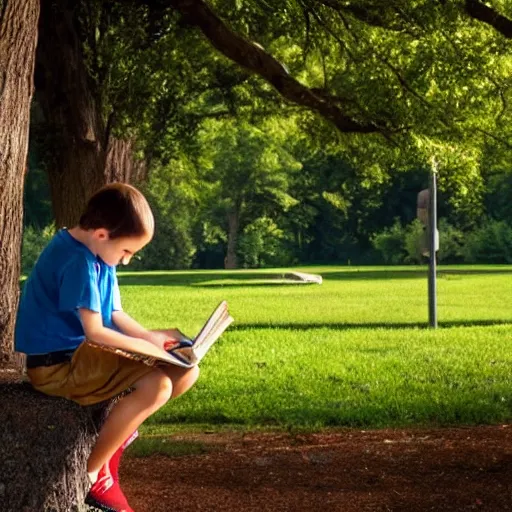 Prompt: a young boy reading a book about nuclear power sat in a public park, a sense of awe, warm dappled light, trees, over the shoulder shot, in the style of norman rockwell