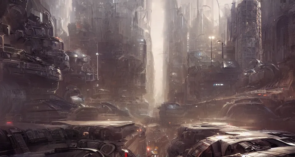 Image similar to hyper realistic sci - fi matte concept art painting of city made from giant stacks of disks, beautiful details, strong composition painted by andree wallin, smooth, intricate, detailed, sharp focus, cinematic