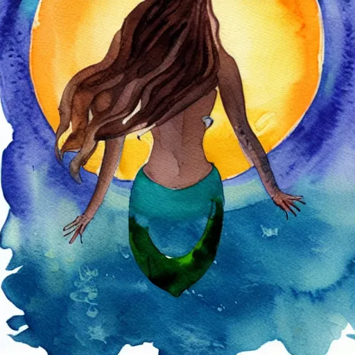Prompt: a sunrise scene of a mermaid with hair that becomes an ocean wave, watercolor painting, professional, concept art