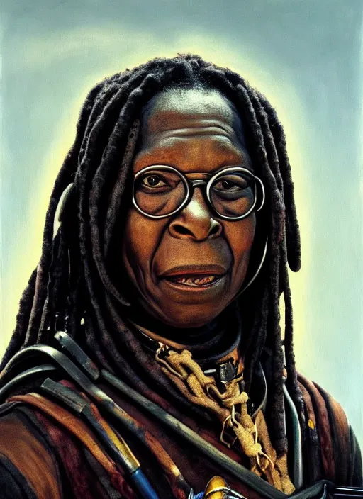 Prompt: portrait of whoopi goldberg as a scheming warlord character in mad max 2 : the road warrior, film still, detailed realism face in painting, detailed beautiful portrait, oil painting masterpiece, 8 k resolution, smooth, sharp focus, trending on artstation, by rembrandt