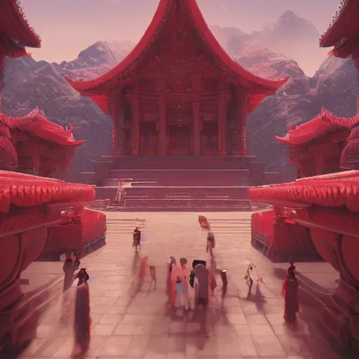 Prompt: a gigantic and minimalistic temple, soft red tone colors, where everyone is an npc, frozen in motion, high detail, artwork, filmgrain, soft tones, soft lighting