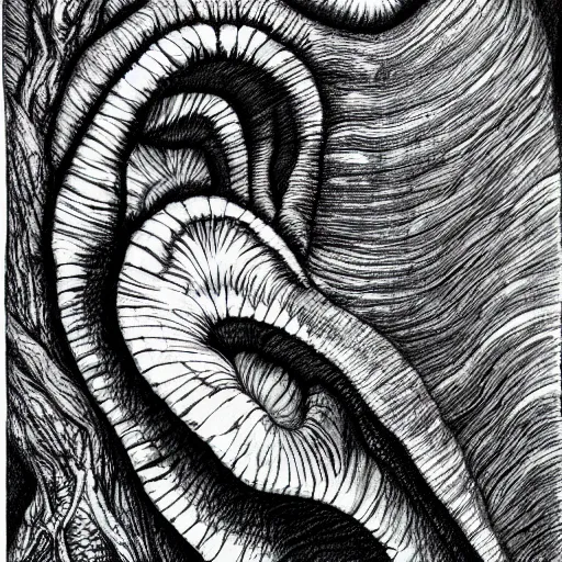 Prompt: detailed drawing of a white oyster mushroom fruiting from a tree trunk, psychedelic colors, tye dye, escher, dali