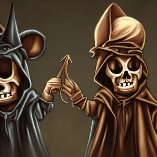 Image similar to photo of anthropomorphic rat with exposed skull wearing dark sorcerer robes