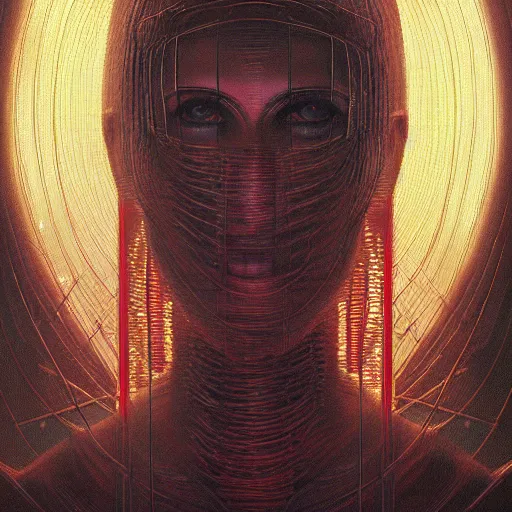 Prompt: Portrait Masterpiece, Woman's face, h.r. giger city, red, glowing, wires everywhere, by Edgar Maxence and Ross Tran, Zdzisław Beksiński, and Michael Whelan, distant, gustav dore, H.R. Giger, 8k, octane render