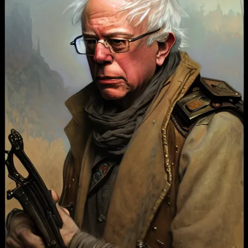 Image similar to post apocalyptic bernie sanders, fantasy, d & d, intricate, detailed, by by alphonse mucha, adolfo hohenstein, alice russell glenny, stanley artgerm lau, greg rutkowski, detailed, trending on artstation, trending on artstation, smooth