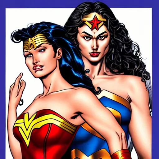 Prompt: a beautiful realistic portrait of Trinity and Wonder-woman by Brian Bolland, trending on ArtStation