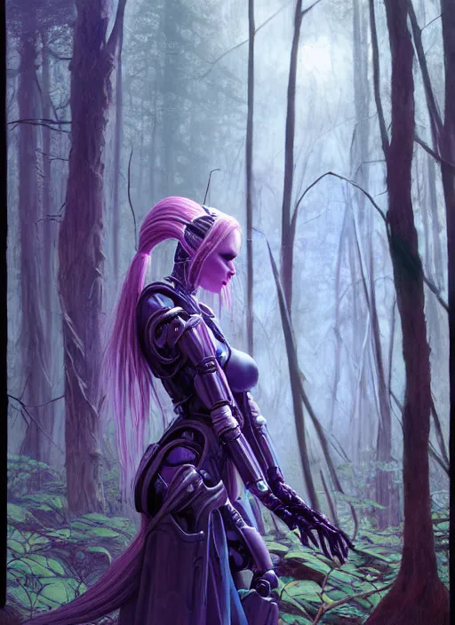 Image similar to hyper realistic pale woman with purple hair in sci - fi cybernetic armor, sylvanas windrunner in the woods in a river gorgeous lighting, lush forest foliage blue sky a hyper realistic ink drawing by chiara bautista and beksinski and norman rockwell and greg rutkowski, tom bagshaw weta studio, and lucasfilm