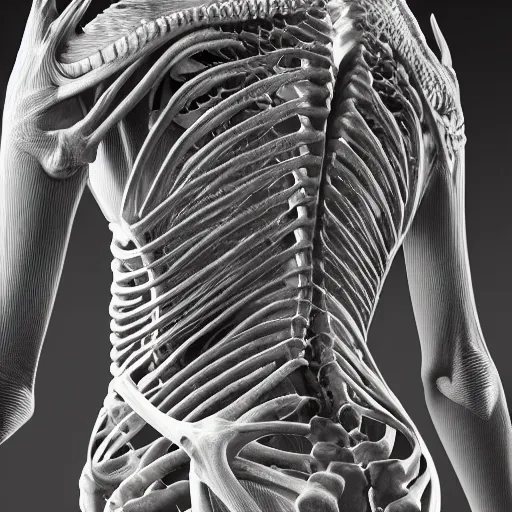 Image similar to beautiful scene of a detailed and intricate design of the back of full woman body wrapped in bones, real, studio shot, dynamic lighting, great finesse organic hyper detailed, engineering blueprints, technical drawings, calculus, stained paper, hyperrealistic, ultra detailed, 4K, octane render, unreal engine