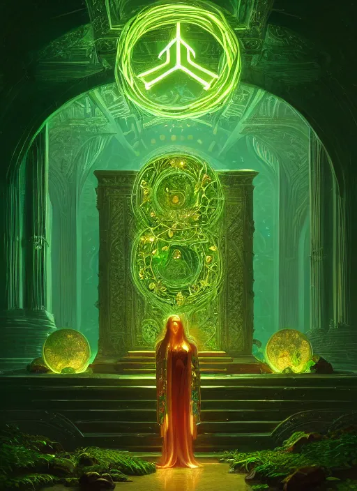 Image similar to portrait of the goddess of life, green glowing runes, overgrown altar, intricate, elegant, glowing lights, highly detailed, digital painting, artstation, concept art, smooth, sharp focus, illustration, art by wlop, mars ravelo and greg rutkowski