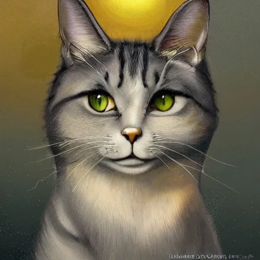 Image similar to a cat with a halo, highly detailed, fantasy, concept art, large yellow eyes, smooth art, illustration; background of florals, nature; sharp focus, artstation, digital art, art by clara mcallister,