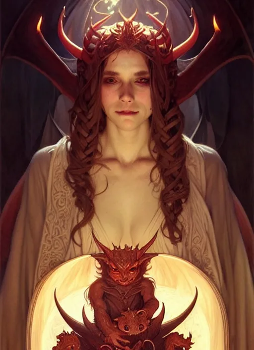 Prompt: a beautiful satanic sorcerer holding a baby dragon, intricate, sharp focus, illustration, highly detailed, digital painting, concept art, matte, art by wlop and artgerm and greg rutkowski and alphonse mucha, masterpiece