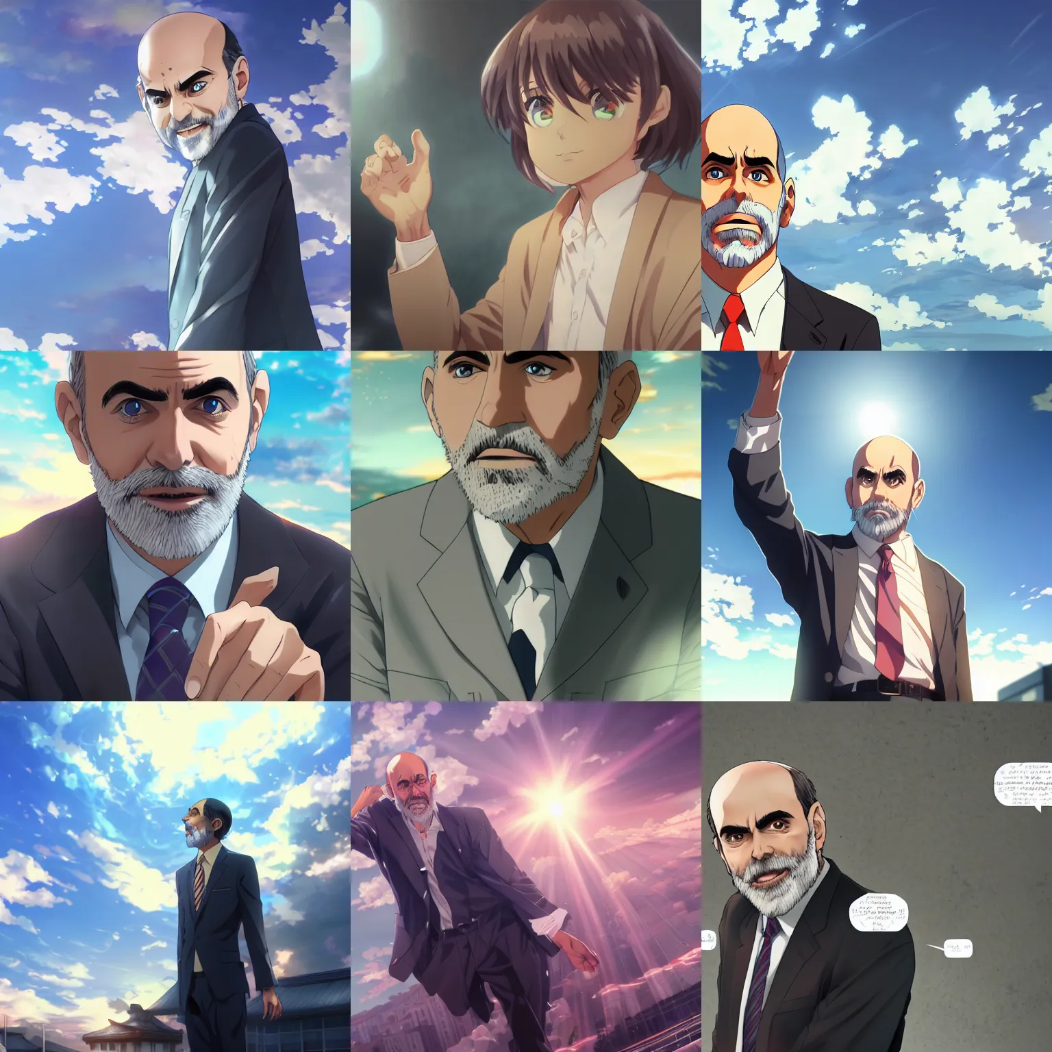 Prompt: photorealistic depiction of Ben Bernanke as the savior of humanity, anime key visual, symmetry, beautiful, digital art, anime screenshot, kyoto animation, makoto shinkai, trending on artstation