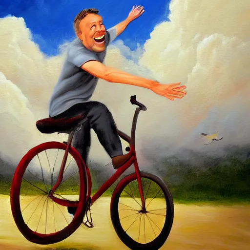 Image similar to A whimsical painting of a happy man flying in the sky on his bicycle in the clouds, action shot, subject is smiling, expressive oil painting, digital art