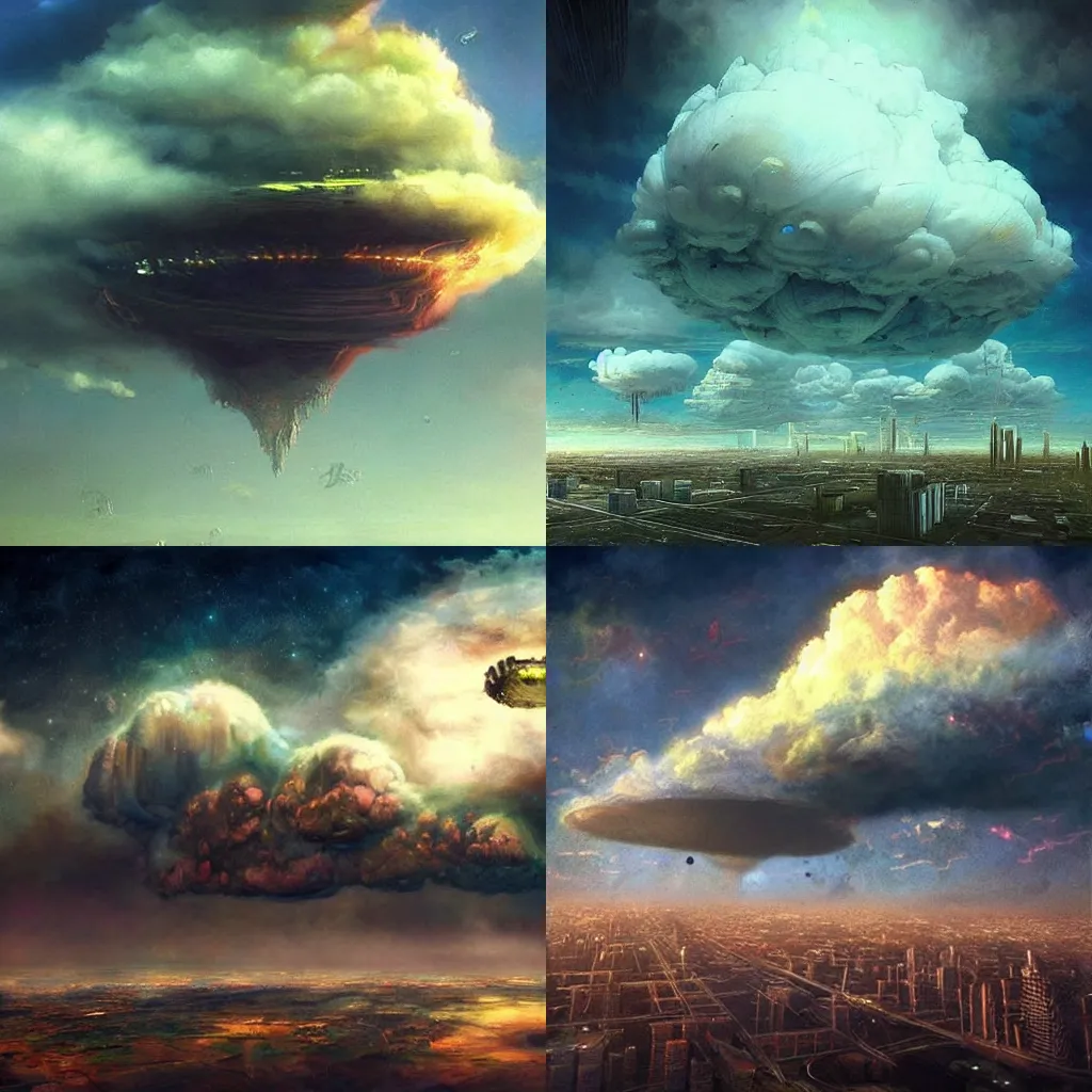 Prompt: By_Esao_Andrews_cloud cities visited by alien spaceships realistic_volumetric_lighting_realistic_reflections_rendered