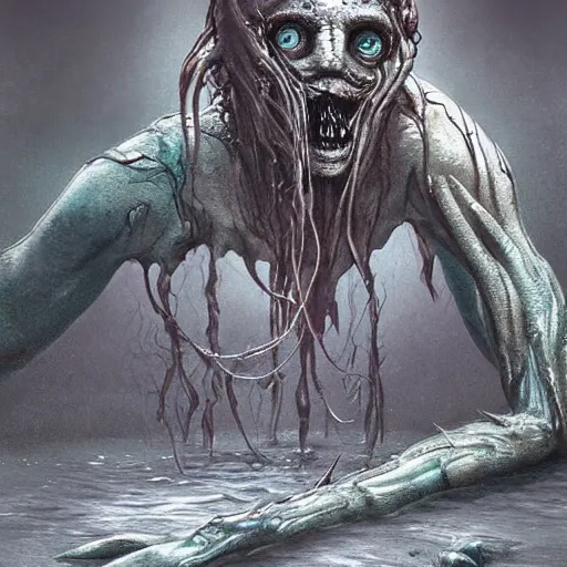 Image similar to creepy humanoid merfolk monster, slimy, wet, disturbing, long fingers, crawling up from shallow water, realistic, atmospheric, highly detailed, illustration, painting, concept art, scary