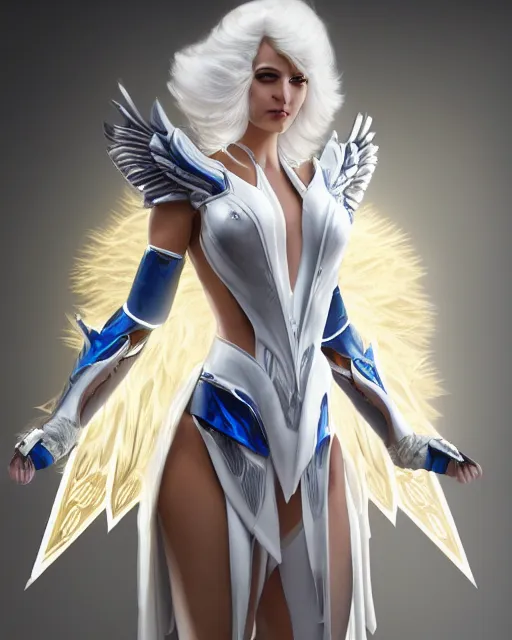 Image similar to perfect white haired egyptian goddess wearing white dove wings, warframe armor, regal, attractive, ornate, sultry, beautiful, charlize theron, half asian, pretty face, blue eyes, detailed, scifi platform, 4 k, ultra realistic, epic lighting, cinematic, masterpiece, art by akihito tsukushi, voidstar, trending on artstation