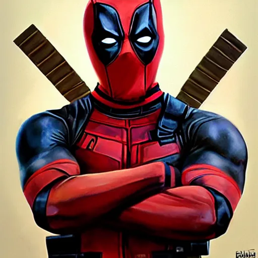 Image similar to greg manchess portrait painting of deadpool as overwatch character, medium shot, asymmetrical, profile picture, organic painting, sunny day, matte painting, bold shapes, hard edges, street art, trending on artstation, by huang guangjian and gil elvgren and sachin teng