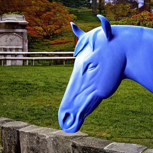 Prompt: horse head statue , background from blue to red