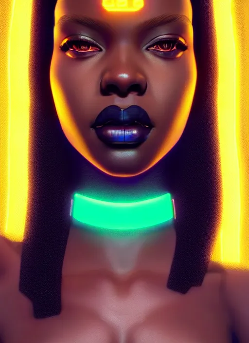 Prompt: photorealistic portrait of black american female humanoid, cyber neon lights, highly detailed, cyberpunk high fashion, elegant, crispy quality, trending in artstation, trending in pinterest, glamor pose, no signature, no watermark, cinematic, octane render, cute face, art by artgerm and greg rutkowski and pascal blanche