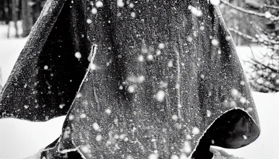 Prompt: 1 9 6 0 s movie still close up of marcus aurelius breast - plate dark cape frozen lay on the snow by the side of a river with gravel, pine forests, cinestill 8 0 0 t 3 5 mm b & w, high quality, heavy grain, high detail, texture, dramatic light, anamorphic, hyperrealistic, detailed hair, foggy