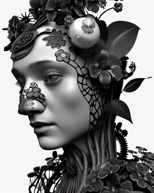 Image similar to monochrome 3 d model, 1 9 3 0 picture, floral steampunk biomechanical beautiful young female cyborg with porcelain profile face and a techno eye, volumetric light, leaves foliage and stems, hibiscus flowers, boho vines, sinuous fine roots, fine foliage lace, alexander mcqueen, rim light, big gothic fashion pearl embroidered collar, octane render, 8 k