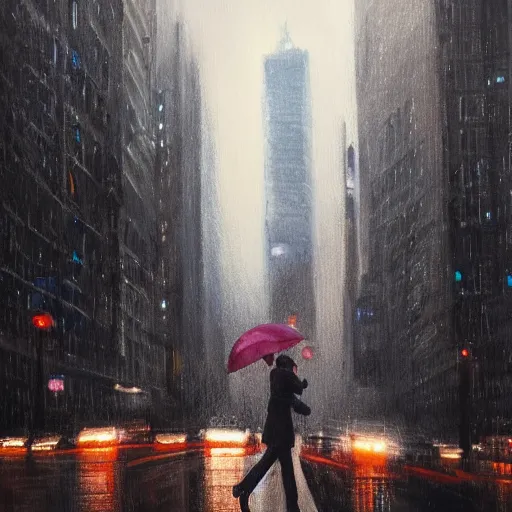 Prompt: ultra realistic rainy night in the city of new york, oil on canvas, masterpiece, dramatic pose, beautiful lighting, sharp details, hyper - detailed, hd, hdr, 4 k, 8 k