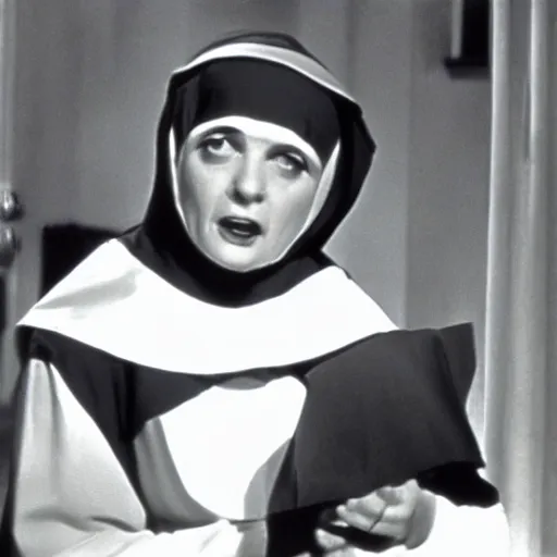 Prompt: skary old nun, movie still, 1960's motion, horror, high quality