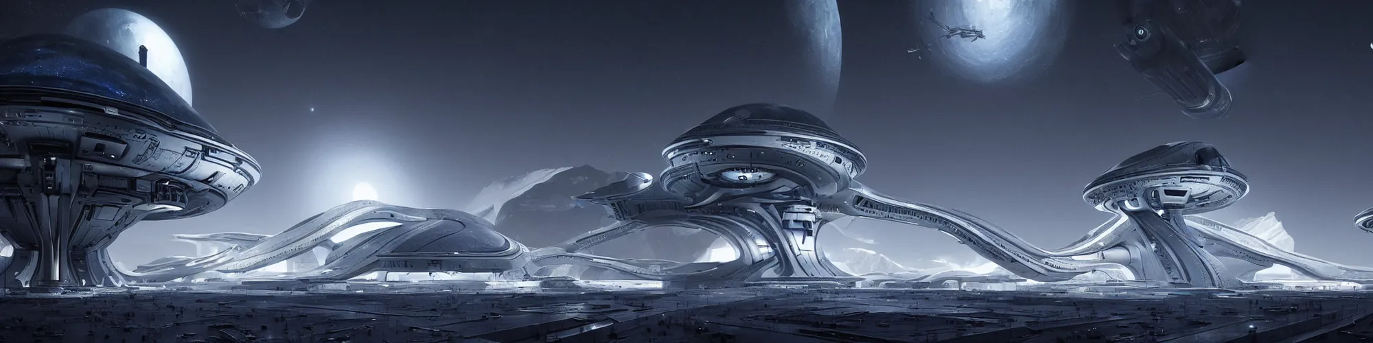 Image similar to futuristic space station in the snowy mountains 3 d concept art, cinematic lighting, intricate details, building by zaha hadid, pastel sunset, emissary space by arthur haas and bruce pennington and john schoenherr, cinematic matte painting, dark moody monochrome colors, trending on artstation, featured on behance