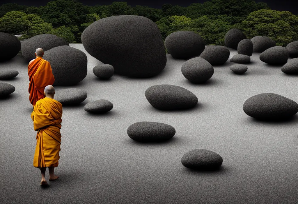 Image similar to portrait of a lone monk raking stones in a beautiful serene zen garden kyoto, japan, a collage painting, in the style of wes anderson, lola dupre, david hockney, isolated on negative white space background dark monochrome fluorescent neon spraypaint accents volumetric octane render