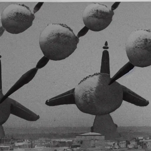 Image similar to minion paratroopers with a nuclear explosion in the background, planes are bombing baghdad