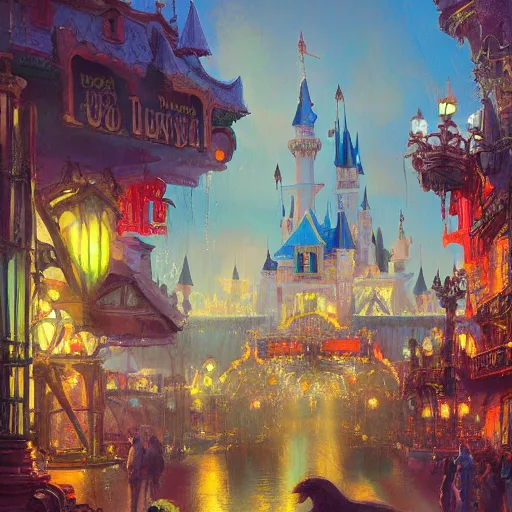 Prompt: painting of disneyland, illustration, artistic, colorful, hyper detailed, in the style of Greg Rutkowski