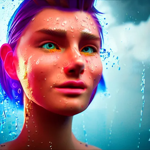 Image similar to cartoon portrait made out of rain, dancing in the clouds with splashes of neon colors, rendered in octane, unreal engine, highly detailed, beautiful