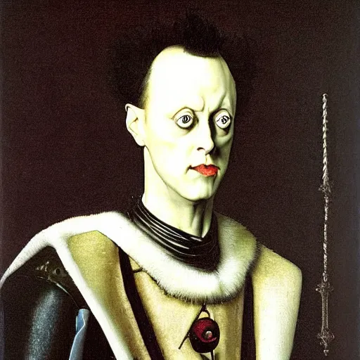 Prompt: portrait of klaus nomi, oil painting by jan van eyck, northern renaissance art, oil on canvas, wet - on - wet technique, realistic, expressive emotions, intricate textures, illusionistic detail