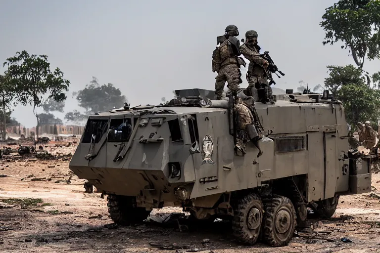 Image similar to Mercenary Special Forces soldiers in grey uniforms with black armored vest and black helmets behind an MRAP in urban warfare in Cambodia as artillery explodes 2022, Canon EOS R3, f/1.4, ISO 200, 1/160s, 8K, RAW, unedited, symmetrical balance, in-frame, combat photography