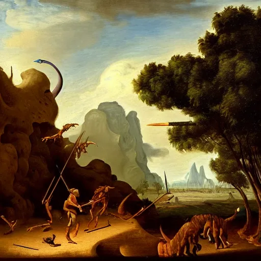 Image similar to A painting of a dinosaur fighting with serval cavemen armed with spears, coarse canvas, visible brushstrokes, painting by Jan van Goyen