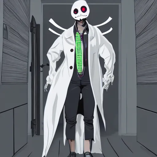 Image similar to an academic wearing a white trench coat with 6 arms sticking out on all sides, looking out of a doorway. four arms have lazer guns, one has a rifle, and one has a broken piece of a door. artstation. dramatic digital art.