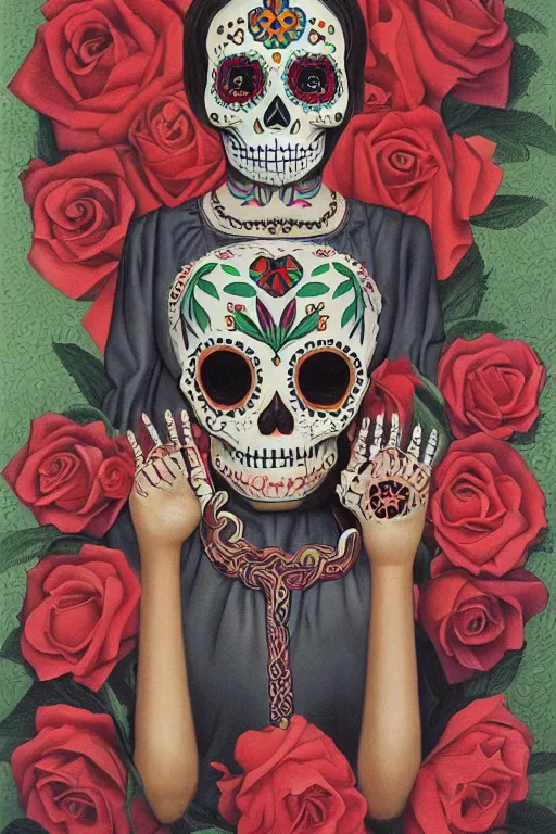 Prompt: illustration of a sugar skull day of the dead girl, art by george tooker