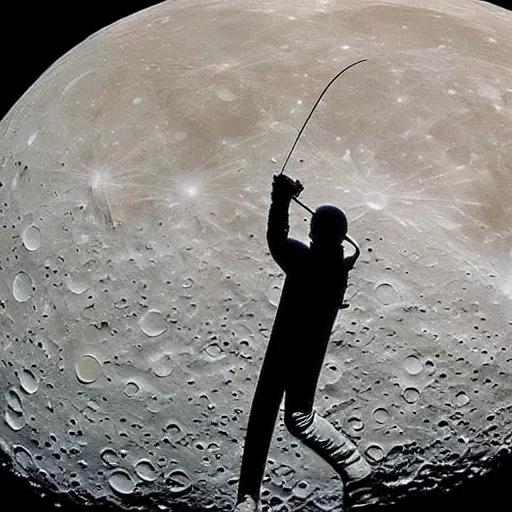 Image similar to a giant astronaut hitting the moon like a golf ball