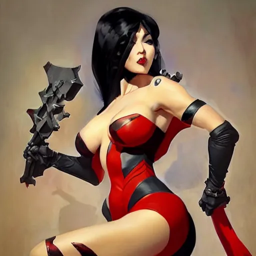 Image similar to greg manchess portrait painting of partially armored vampirella as overwatch character, medium shot, asymmetrical, profile picture, organic painting, sunny day, matte painting, bold shapes, hard edges, street art, trending on artstation, by huang guangjian and gil elvgren and sachin teng