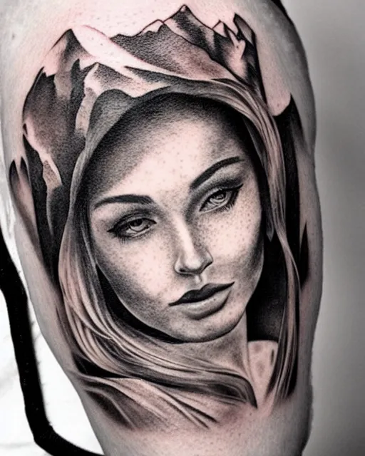 Image similar to tattoo design sketch of a beautiful woman face next to a faded background of beautiful mountains, hyper - realistic, in the style of den yakovlev, amazing detail, black and white