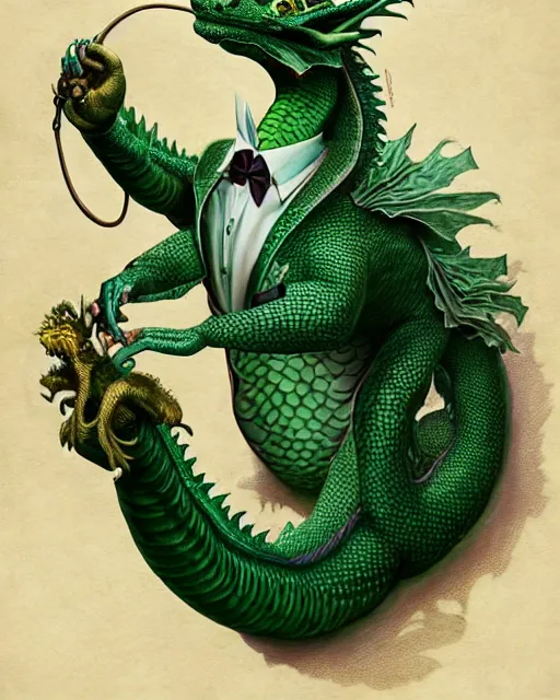 Image similar to anthropomorphic art of a businessman dragon, green dragon, portrait, victorian inspired clothing by artgerm, victo ngai, ryohei hase, artstation. fractal papers, newspaper. stock certificate, highly detailed digital painting, smooth, global illumination, fantasy art by greg rutkowsky, karl spitzweg