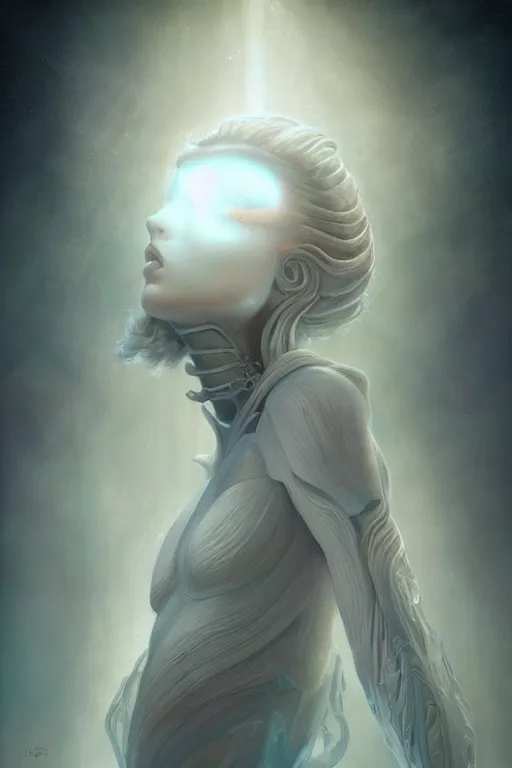 Prompt: a subtle lighting photo of an elegant beautiful alien queen, light colors, bright, sunbeams, eloquent, fancy, lovely, beautiful lighting, artgerm, tom bagshaw, gerald brom,
