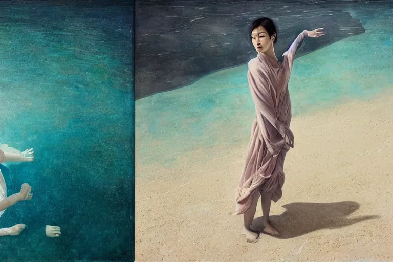 Image similar to lee jin - eun in astronaut dress emerging from turquoise water in egyptian pyramid by dino valls, nicola samuri, conrad roset, m. k. kaluta, martine johanna, rule of thirds, elegant look, beautiful, luxurious